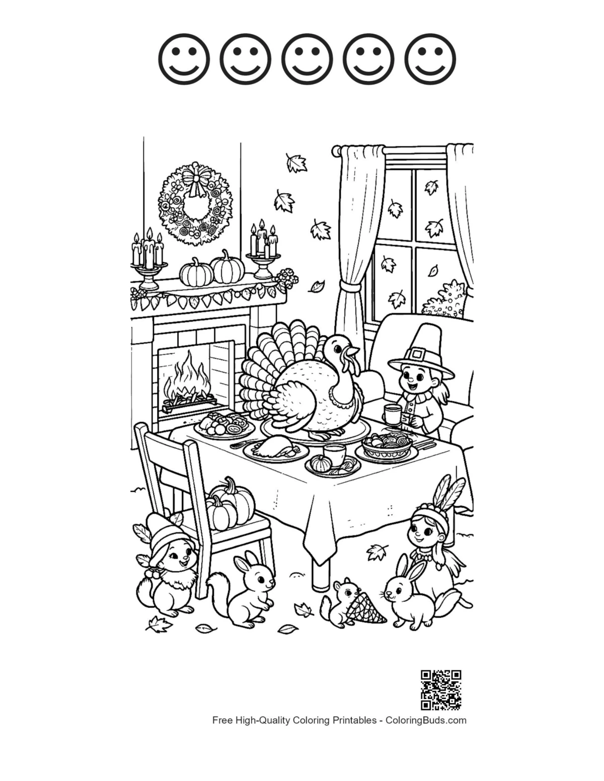 Festive turkey feast with happy faces outlines