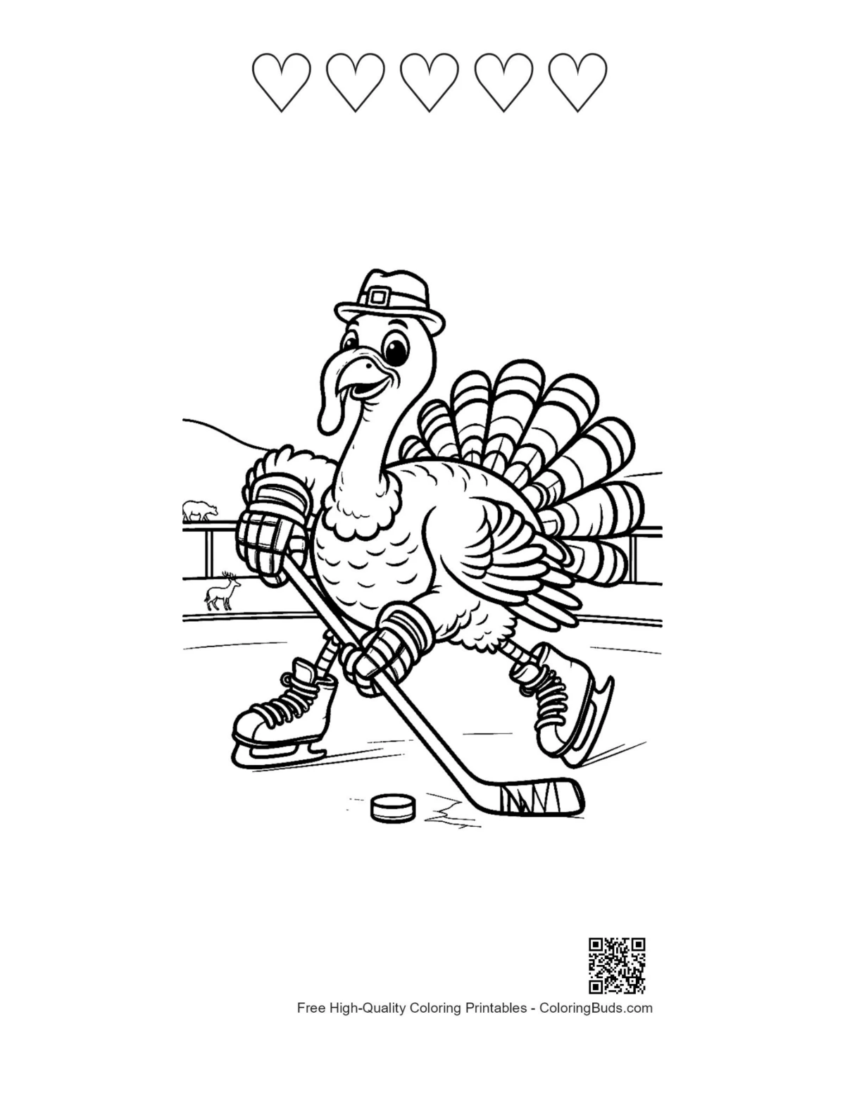Turkey hockey 5 heart outline frozen pond printable page