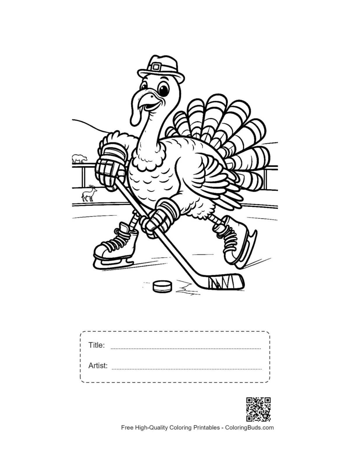Turkey hockey printable with title artist box coloring page