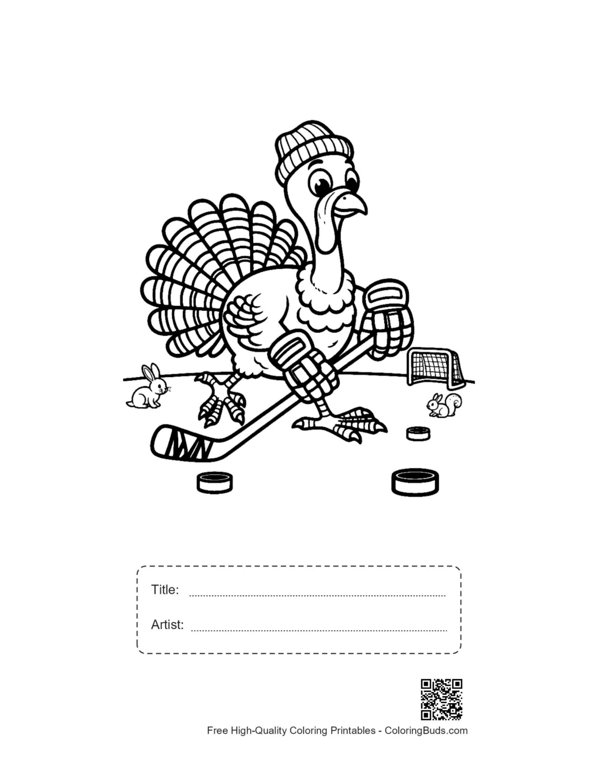 Turkey coloring page with title and artist box