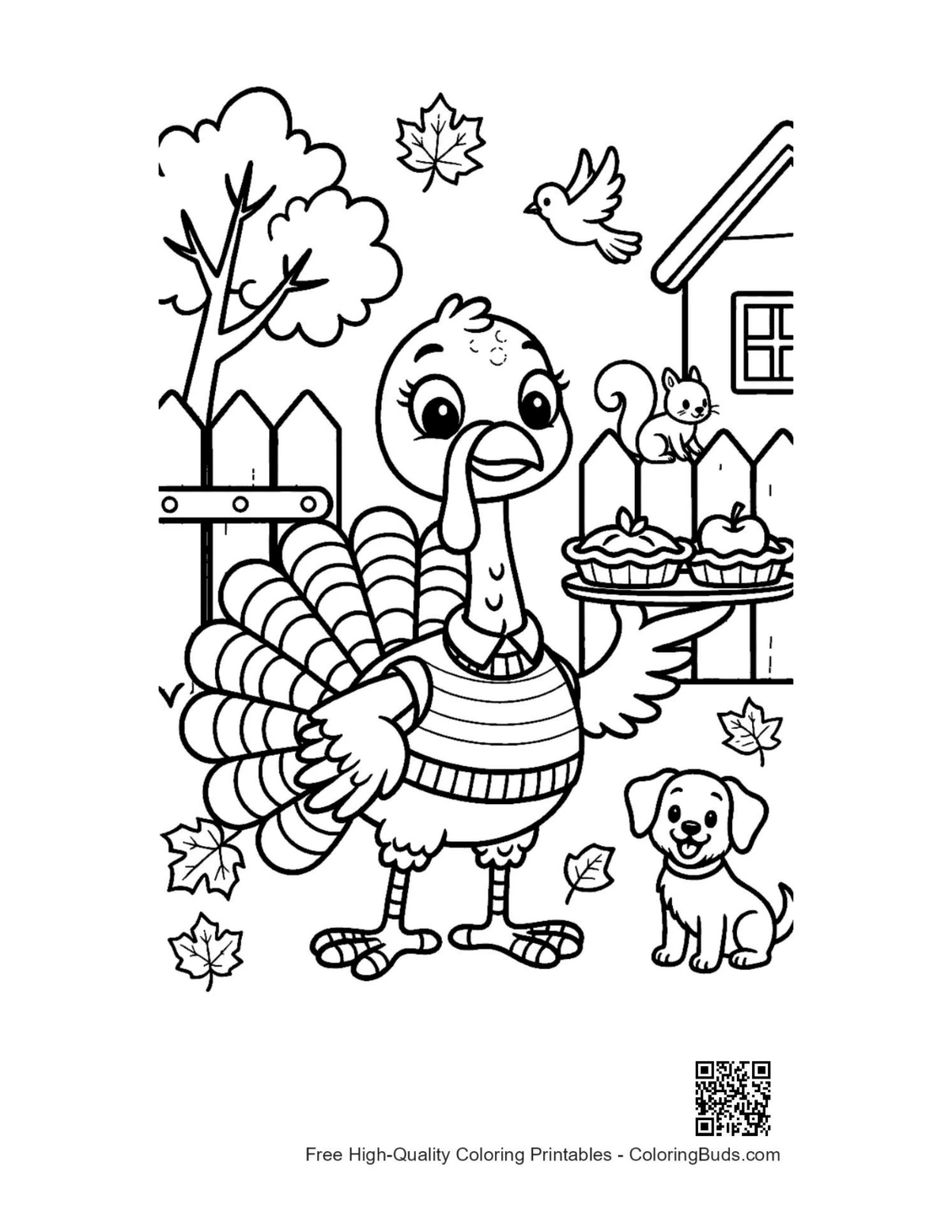 Cute turkey with scarf in fall park printable