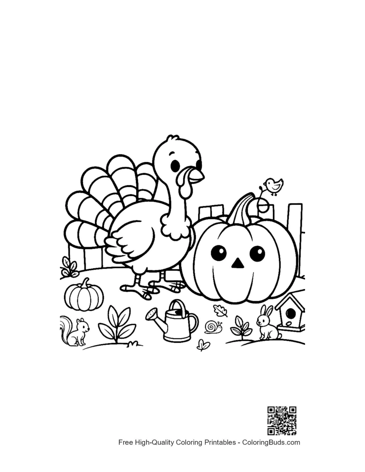 Two friendly turkeys playing with Halloween pumpkins coloring page
