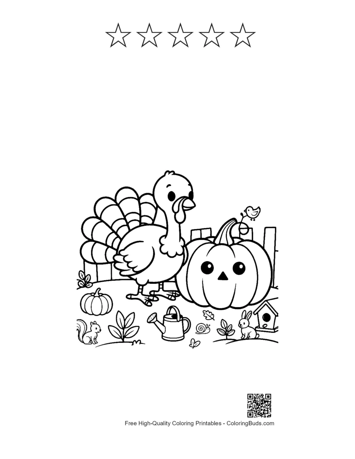 Turkeys with pumpkins printable featuring 5 star outlines