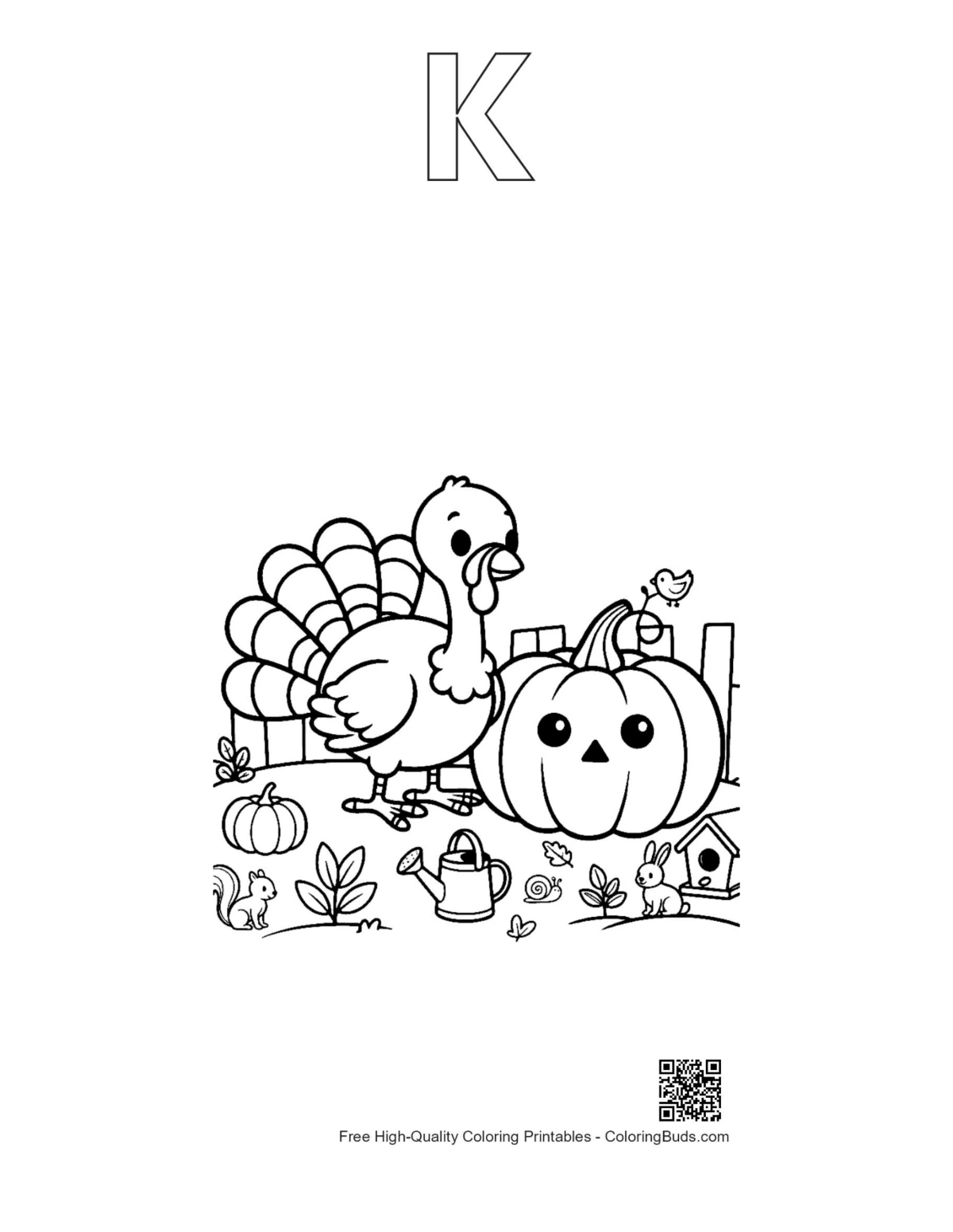Turkeys playing with pumpkins outline with alphabet K for coloring