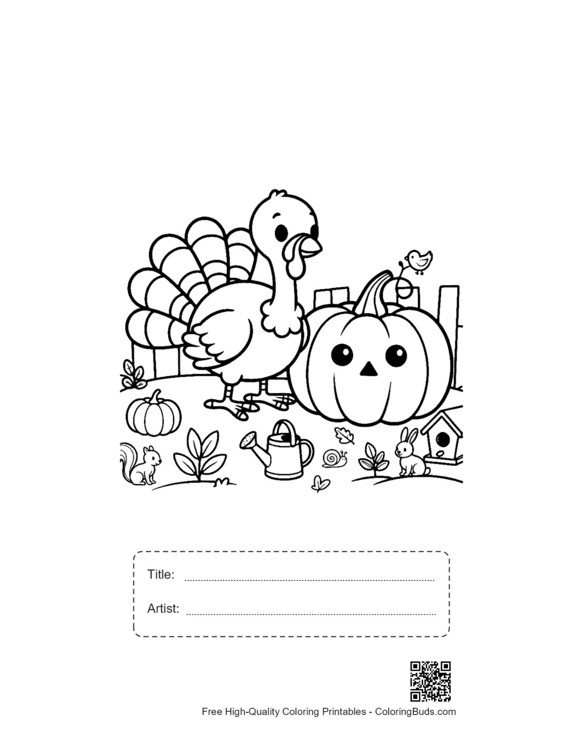 Turkeys with pumpkins printable including title and artist box