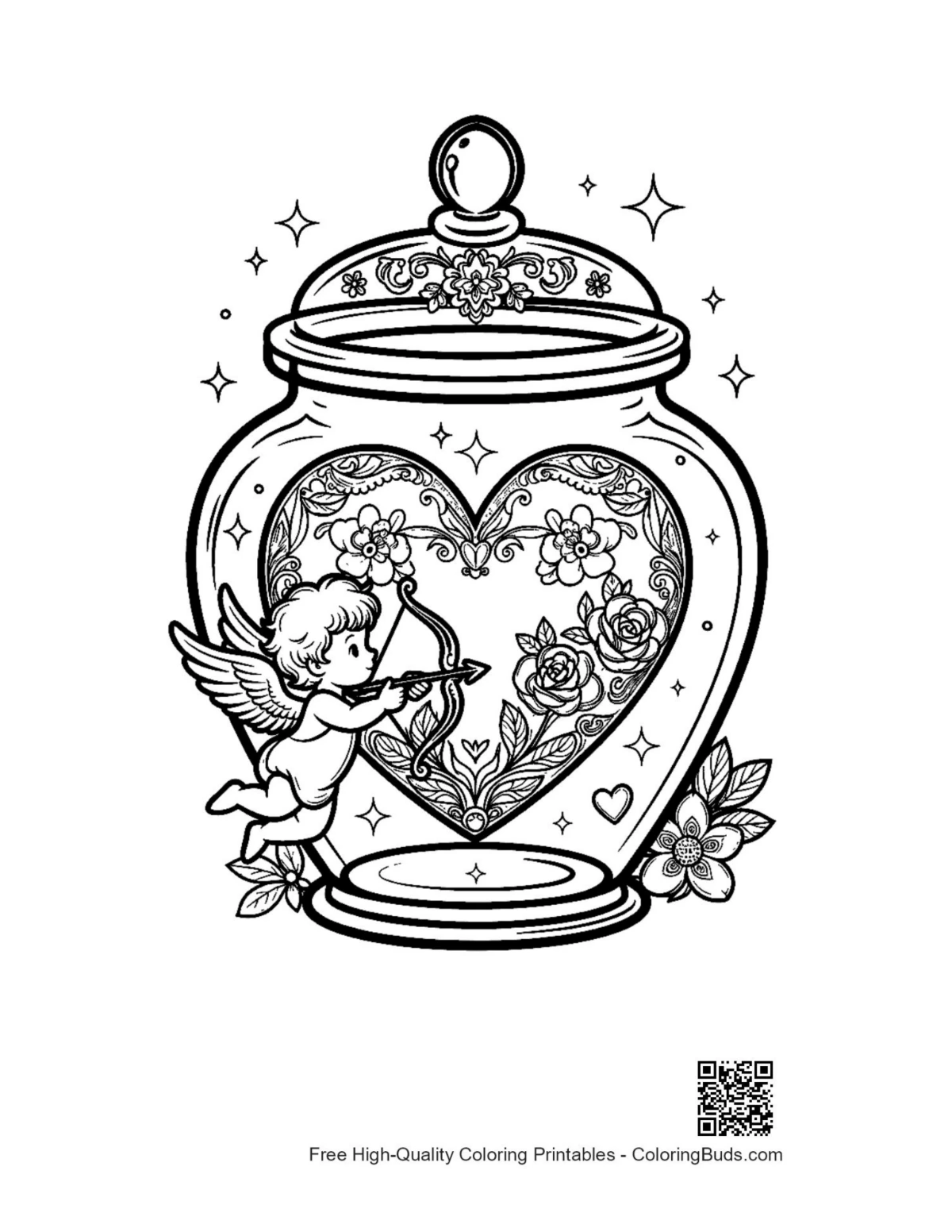 Cute cupid in heart bottle magical sparkles coloring printable