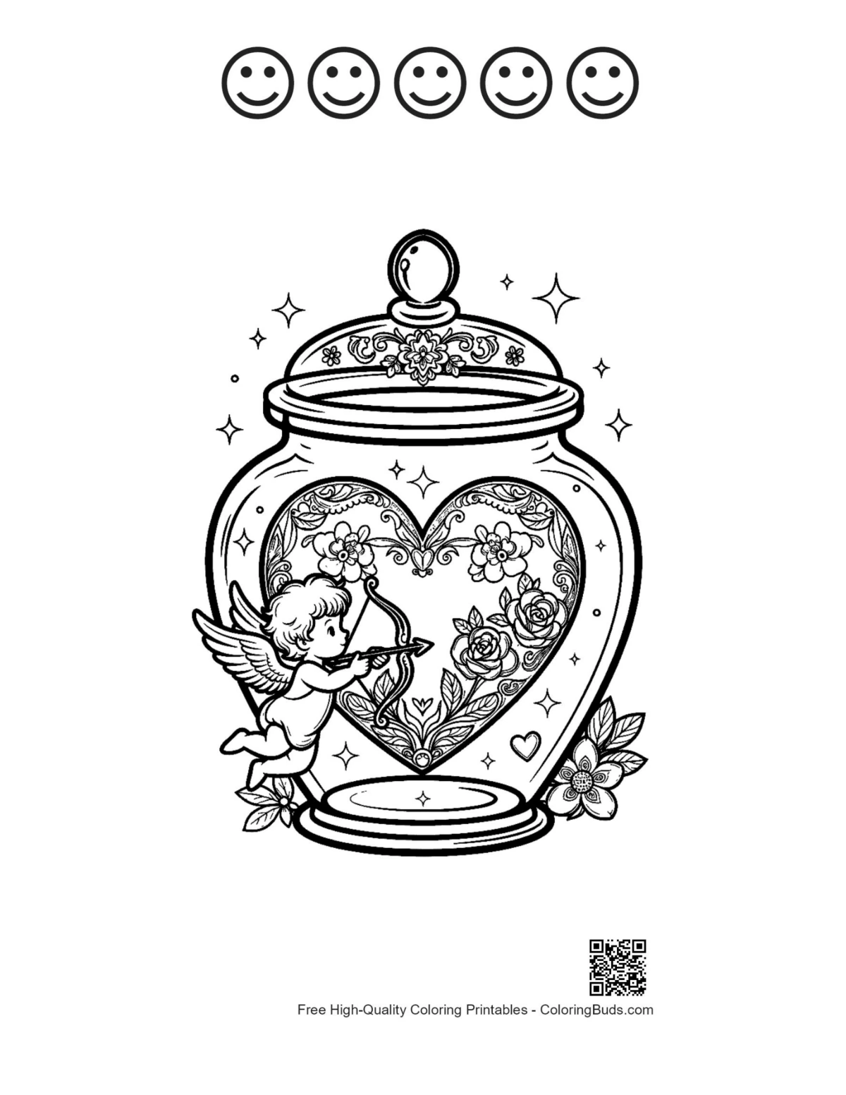 Cupid heart bottle with 5 happy faces coloring printable