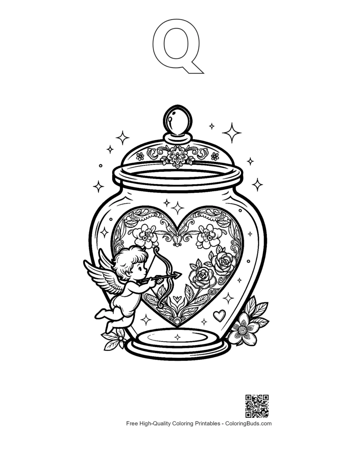 Cupid heart bottle coloring with Q alphabet outline