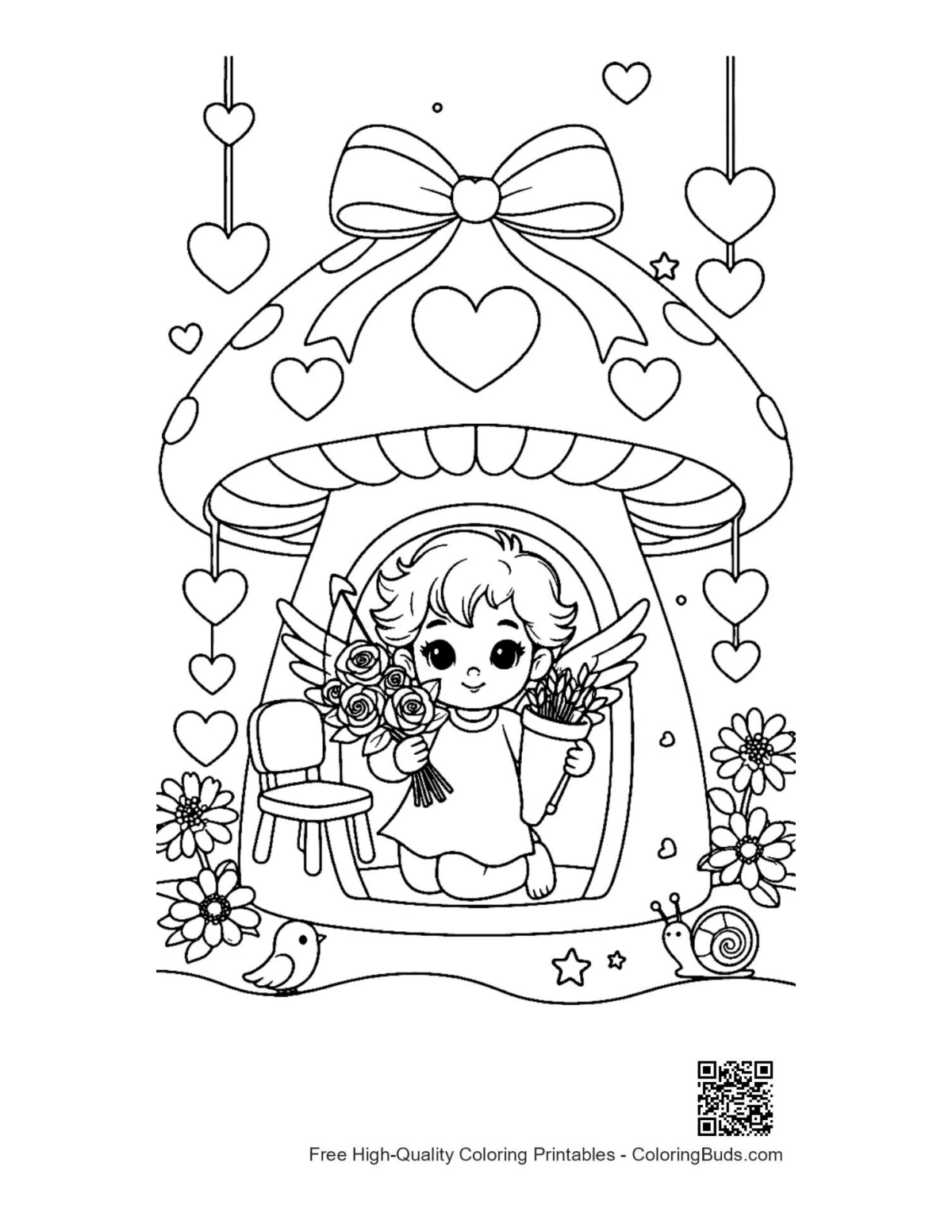 Cute hearts cupids printable coloring page