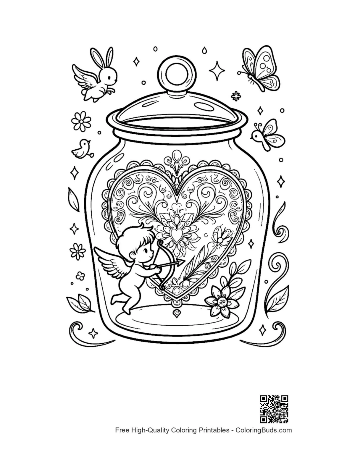 Cute hearts cupids printable coloring page
