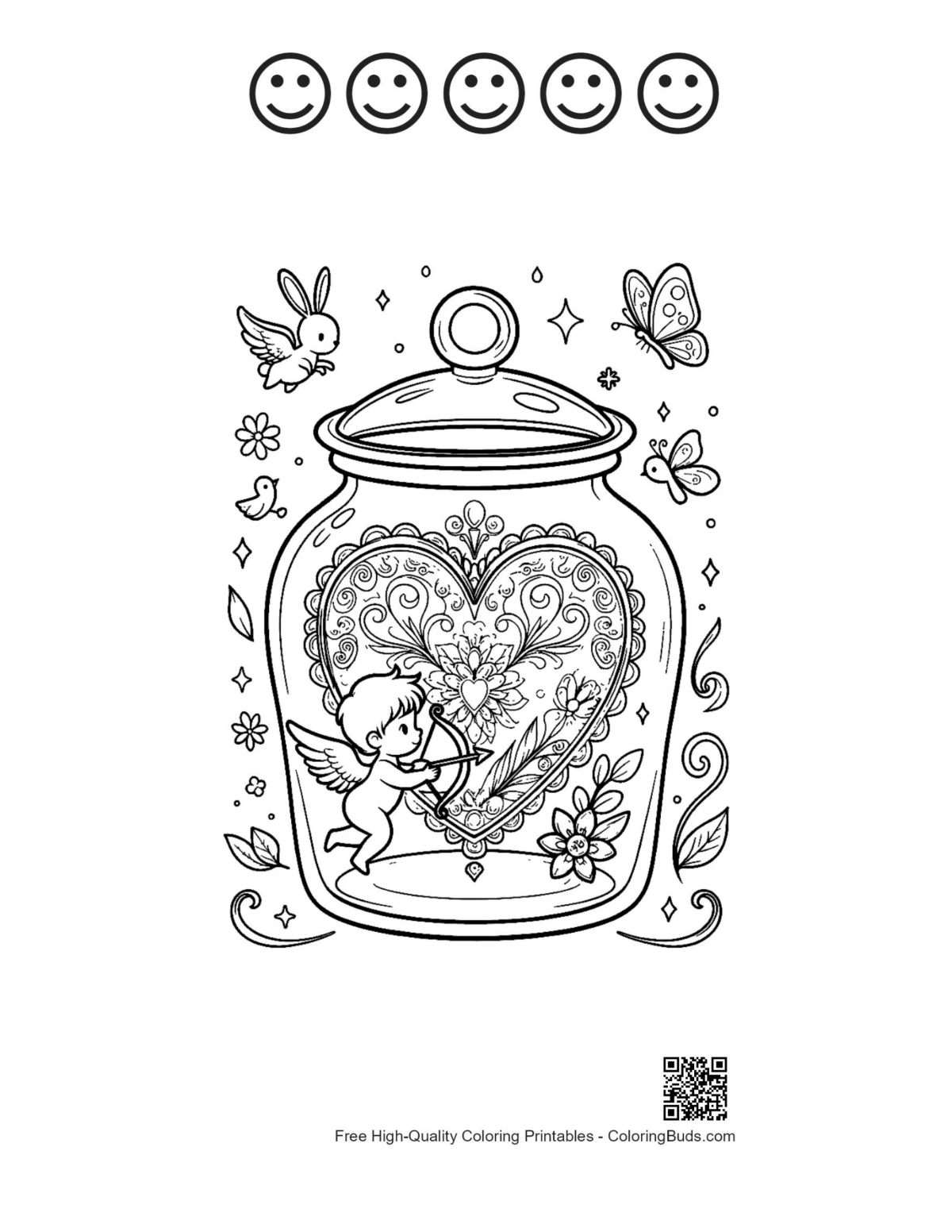 Hearts cupids 5 happy faces outlines printable