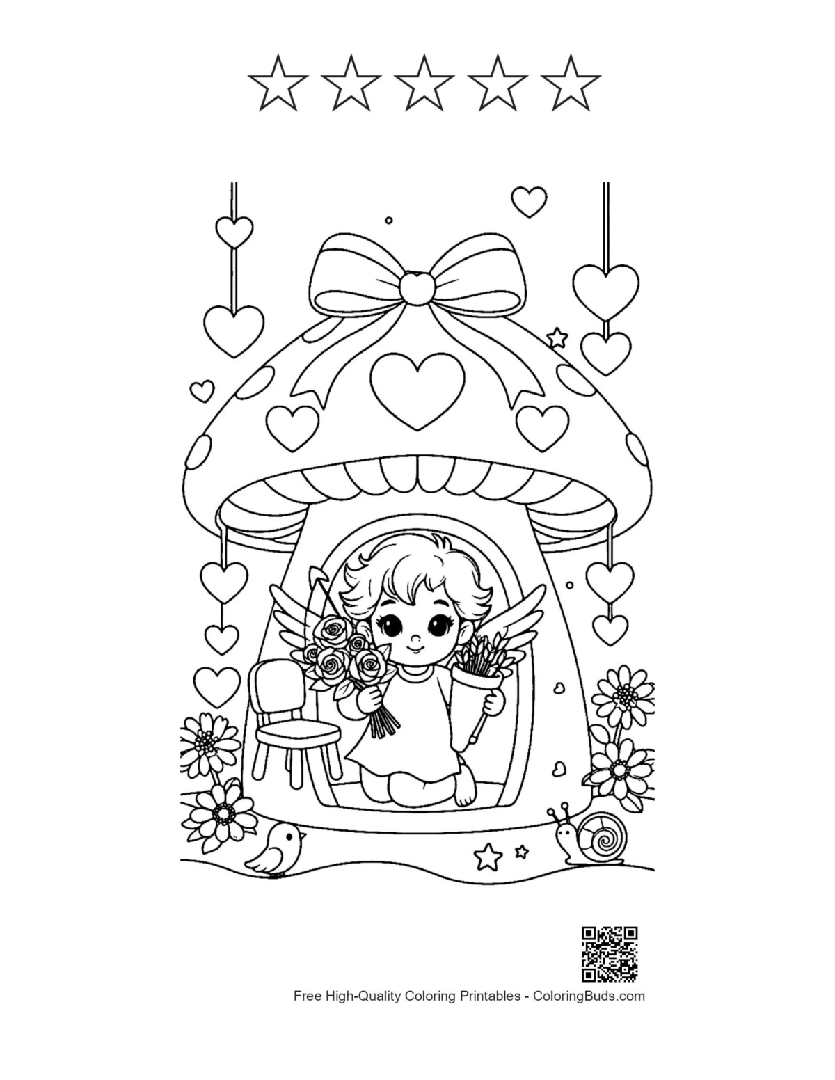 Cute hearts cupids with 5 star outlines