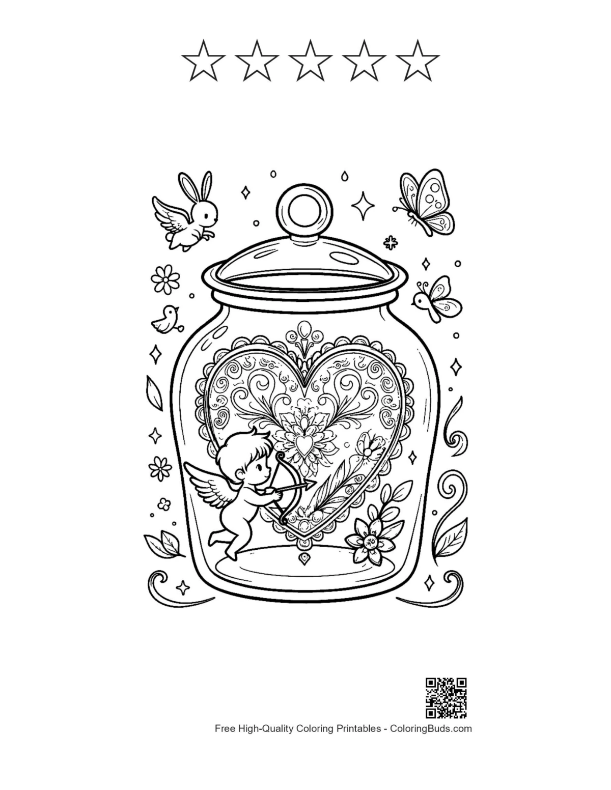 Cute hearts cupids with 5 star outlines printable