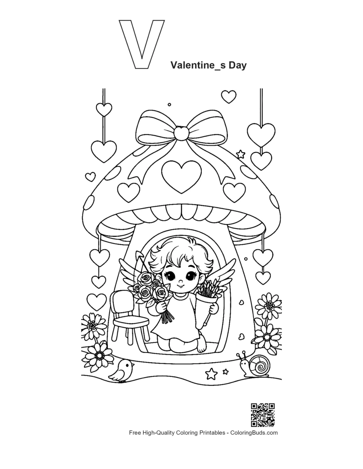Outline alphabet V with cute hearts cupids