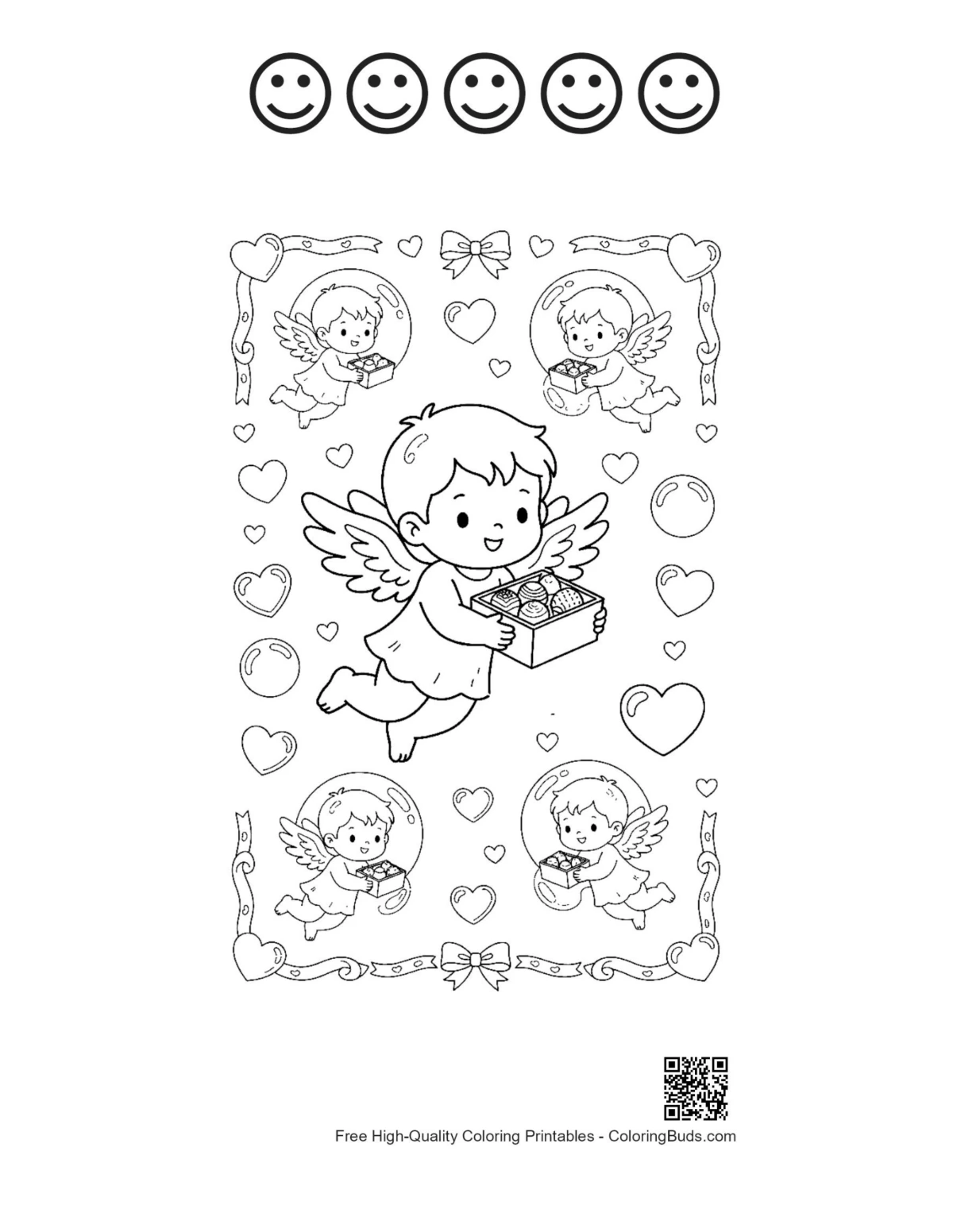 Easy hearts cupids with 5 happy faces printable