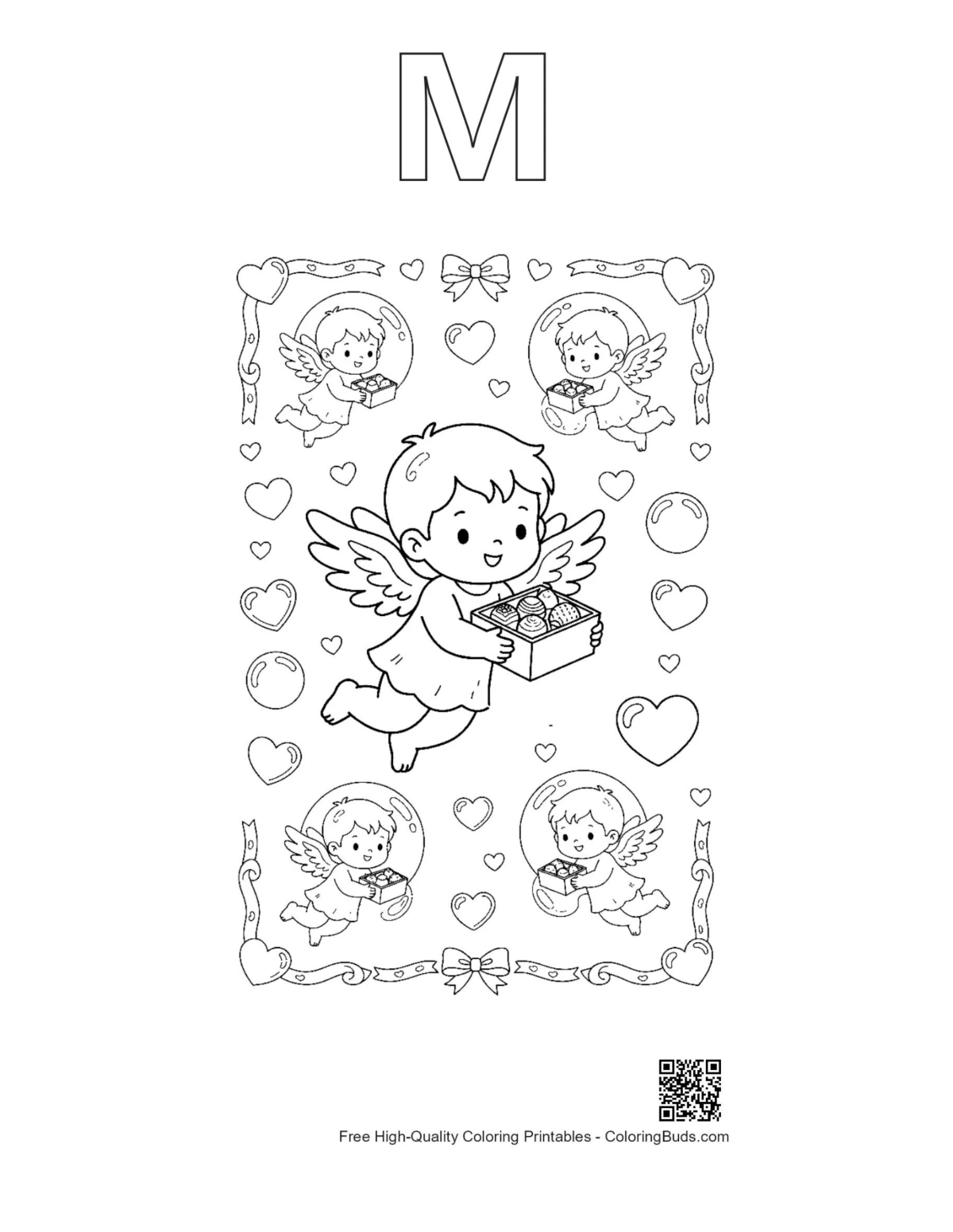 Easy hearts cupids outline alphabet M printable