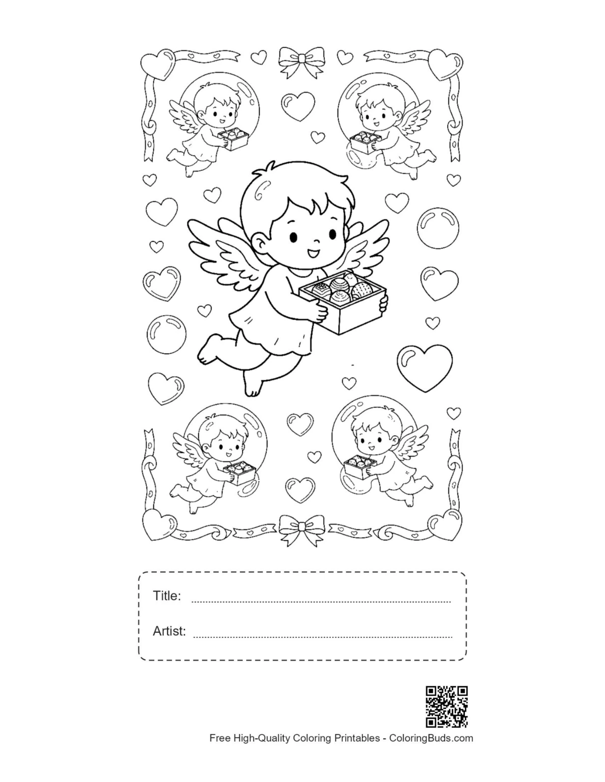 Easy hearts cupids printable with title box