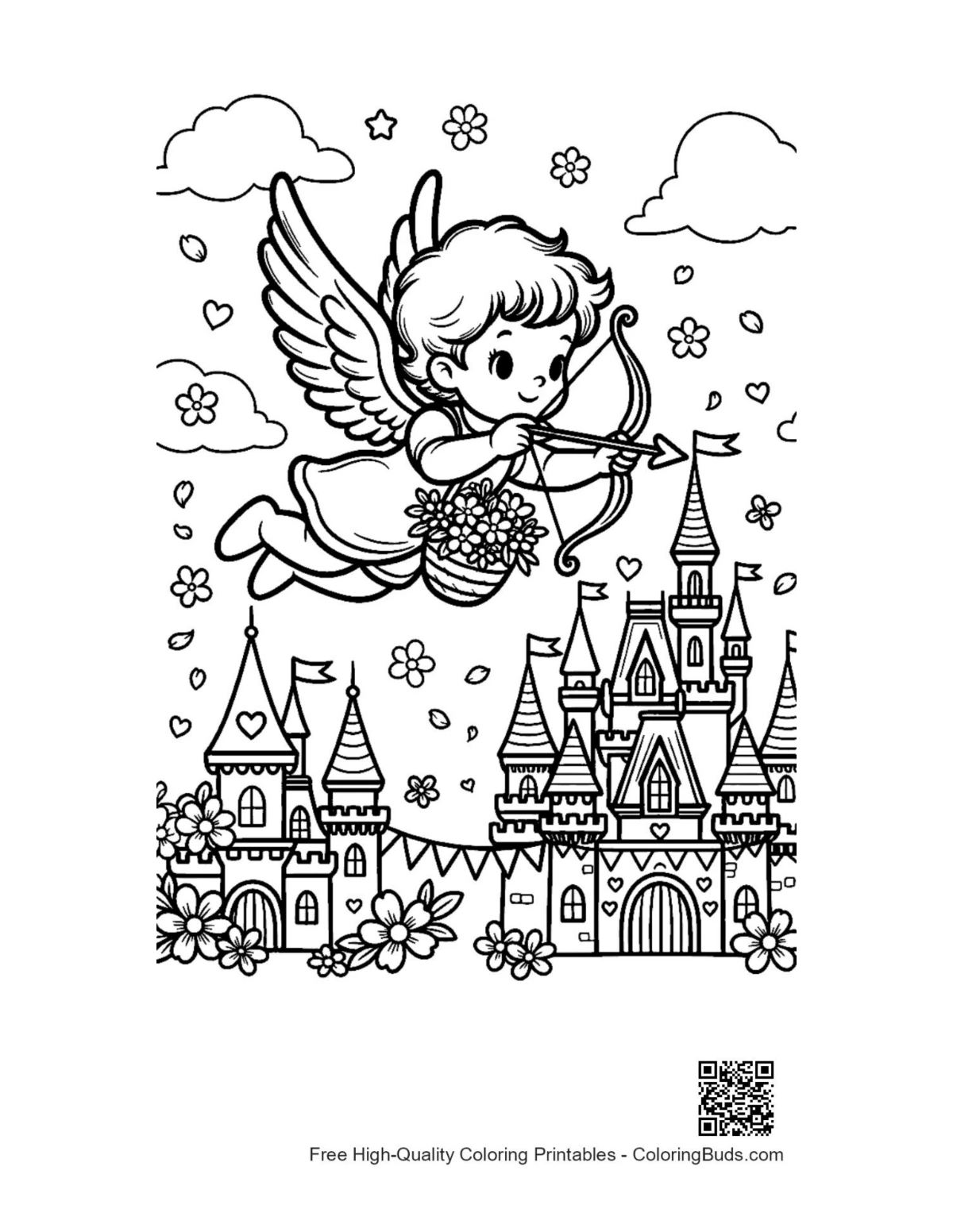 Free hearts cupids coloring sheet printable outline