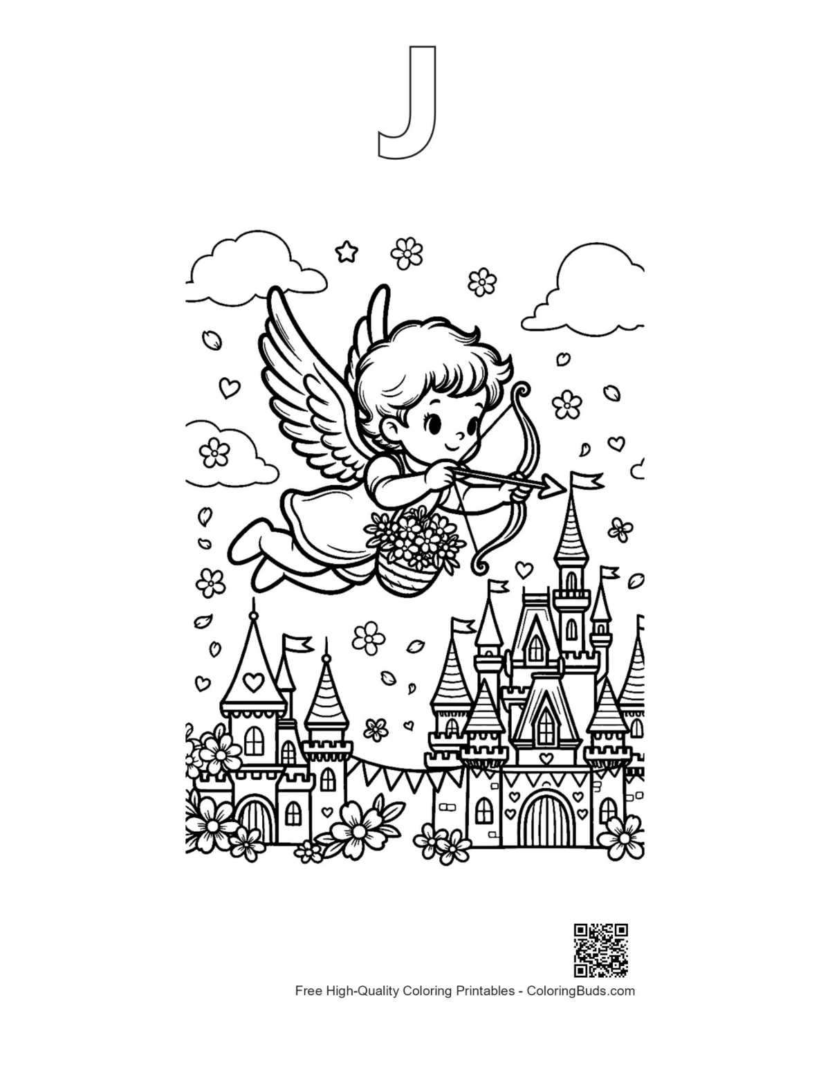 Hearts cupids coloring outline with alphabet J