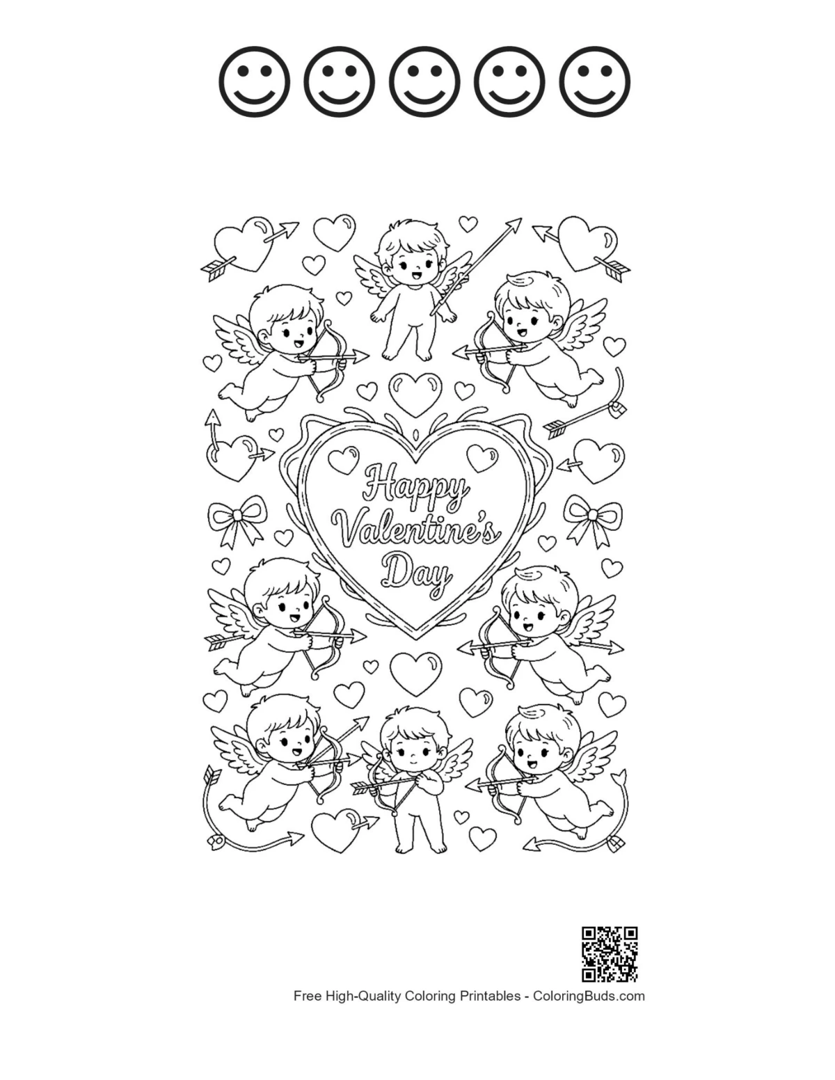 5 happy face outlines hearts cupids coloring page
