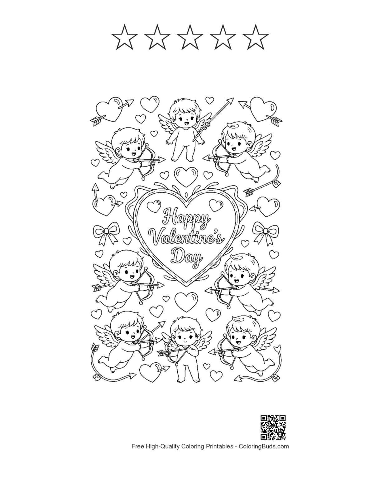 5 star outline hearts cupids printable coloring