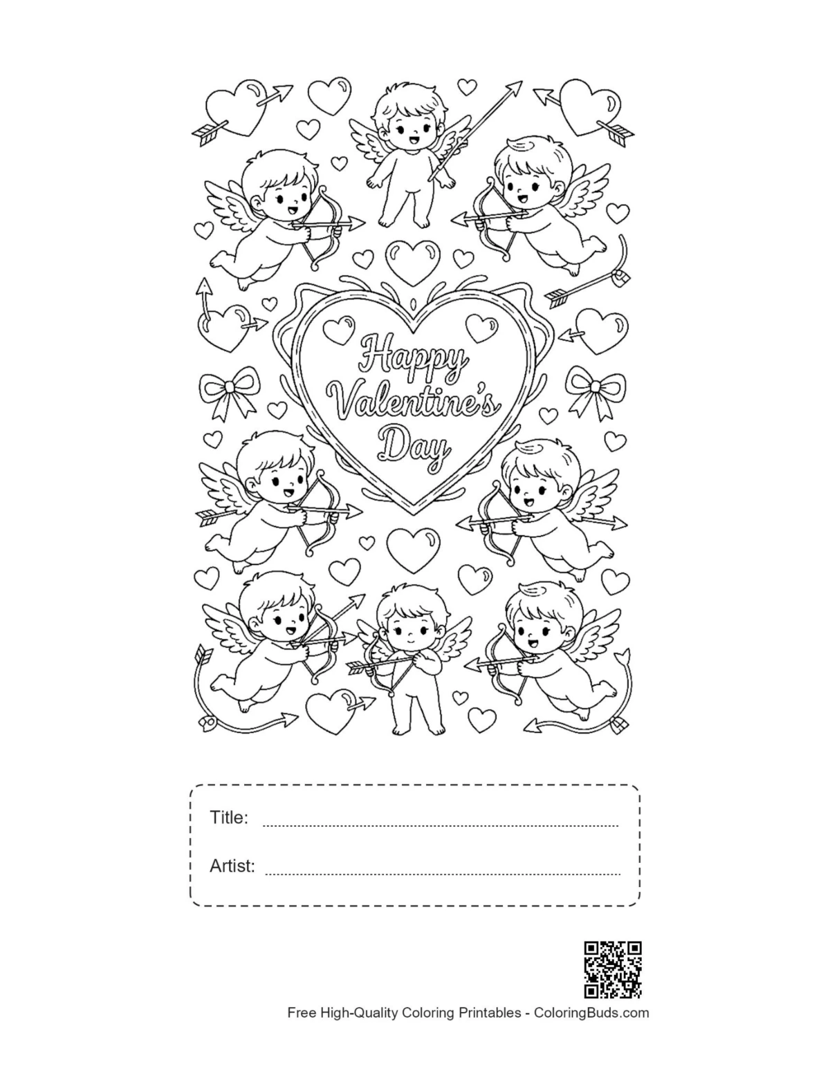 Printable hearts cupids page with title box