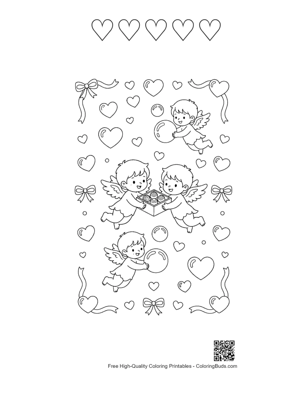 Hearts cupids printable with 5 heart outlines