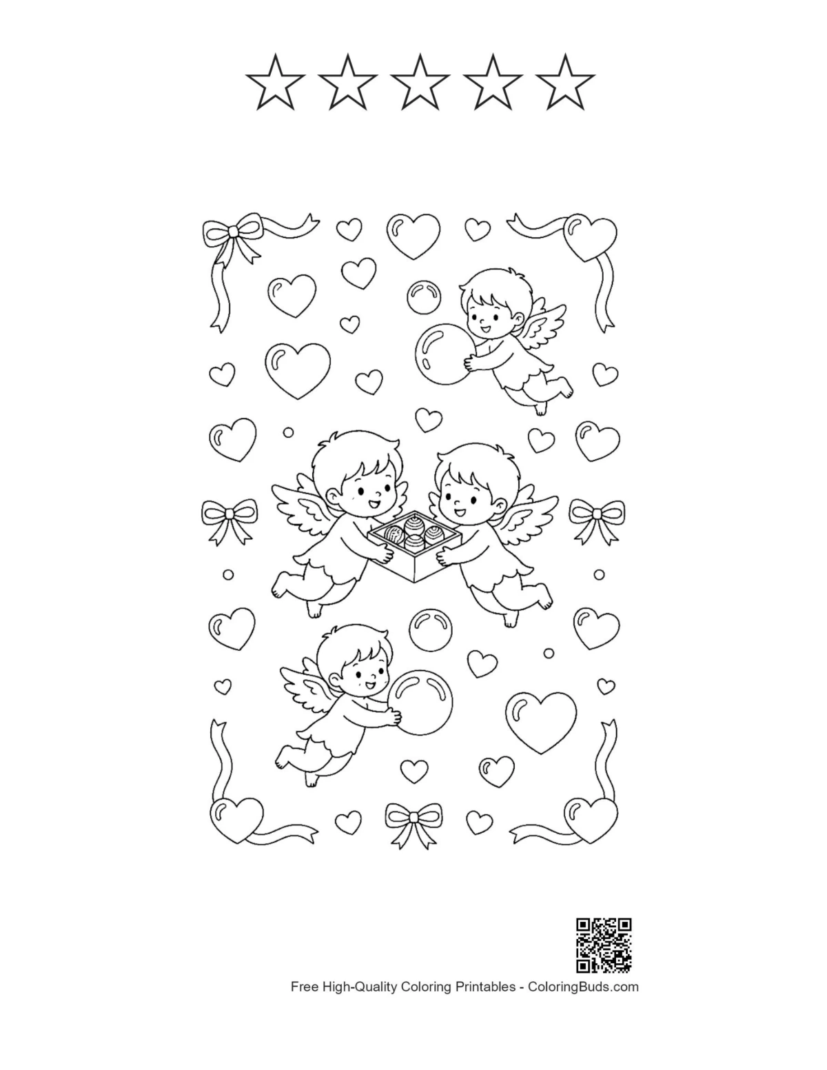 Hearts cupids with 5 star outlines printable