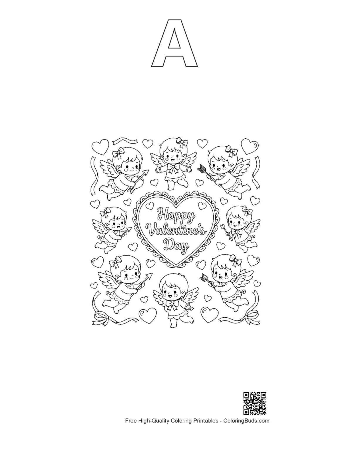 Happy heart coloring page with alphabet A outline for kids