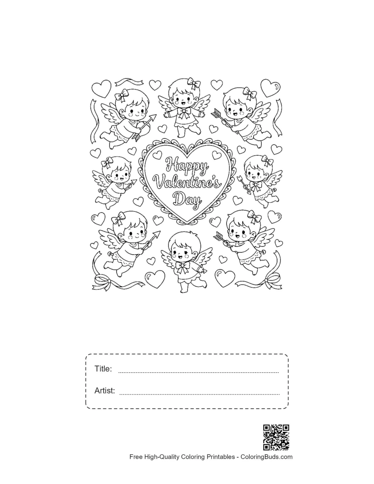 Valentine's heart coloring page for kids with title artist box