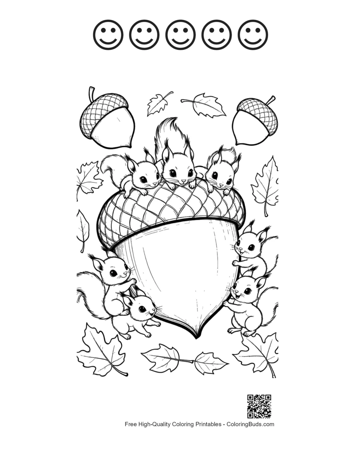 Cute leaves acorns with 5 happy faces outline printable