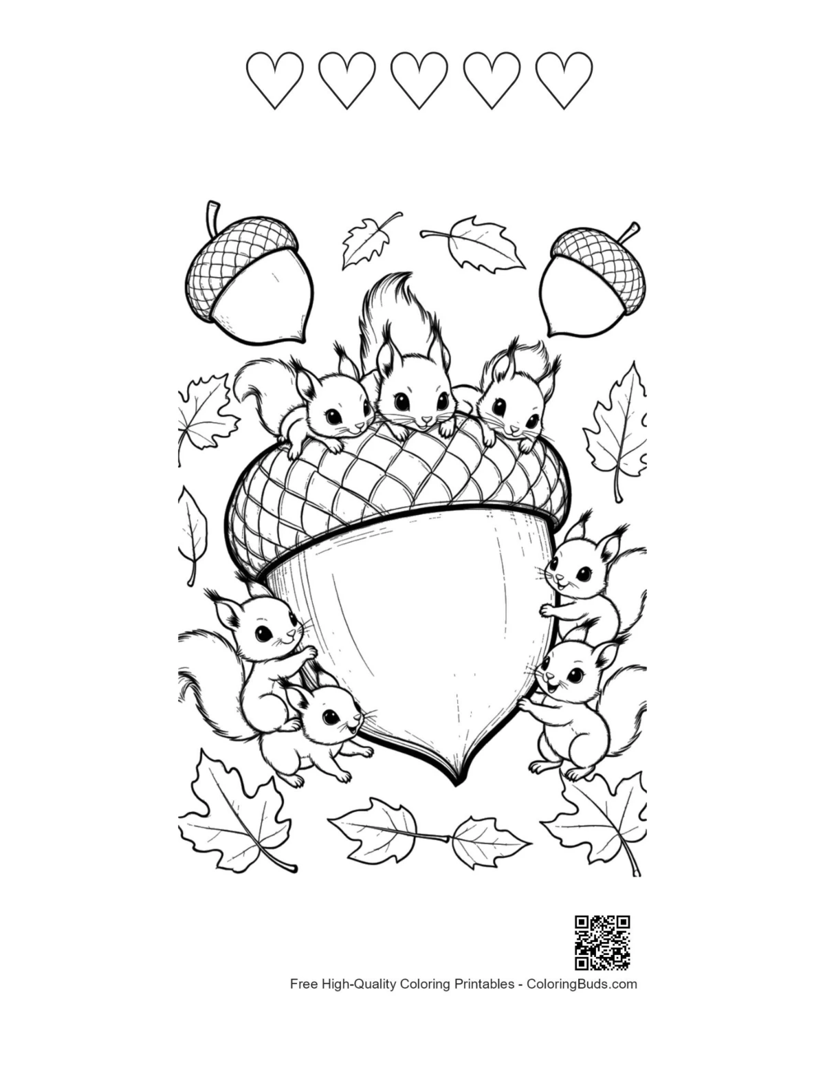 Cute leaves acorns coloring with 5 hearts outline