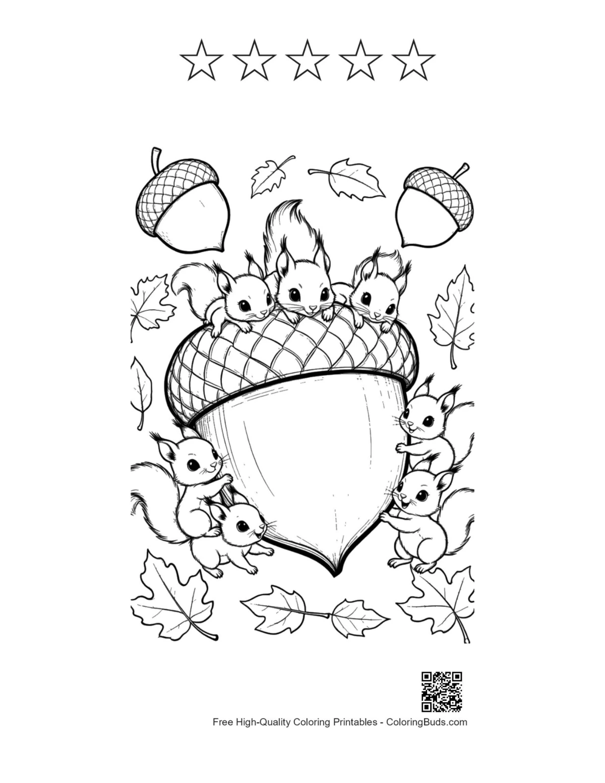 Cute leaves acorns sheet with 5 star outlines printable