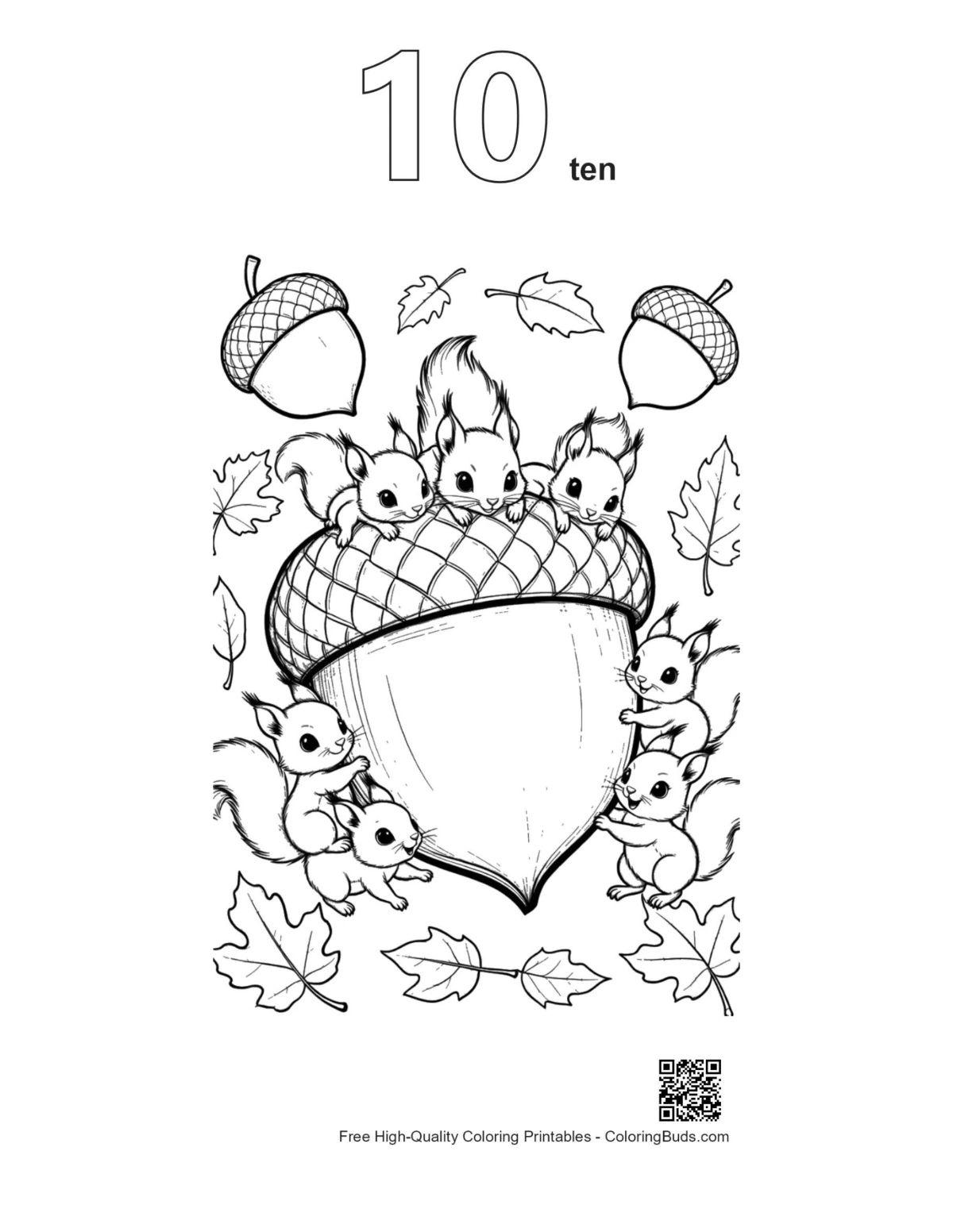 Cute leaves acorns coloring outline number 10 printable