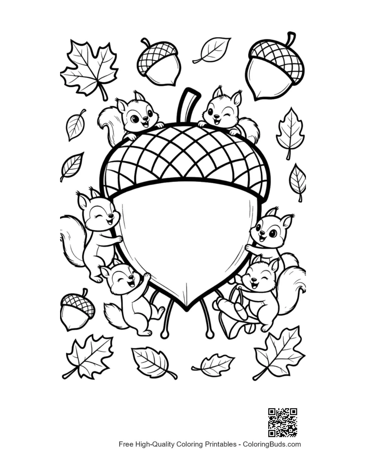 Cute leaves and acorns printable coloring page