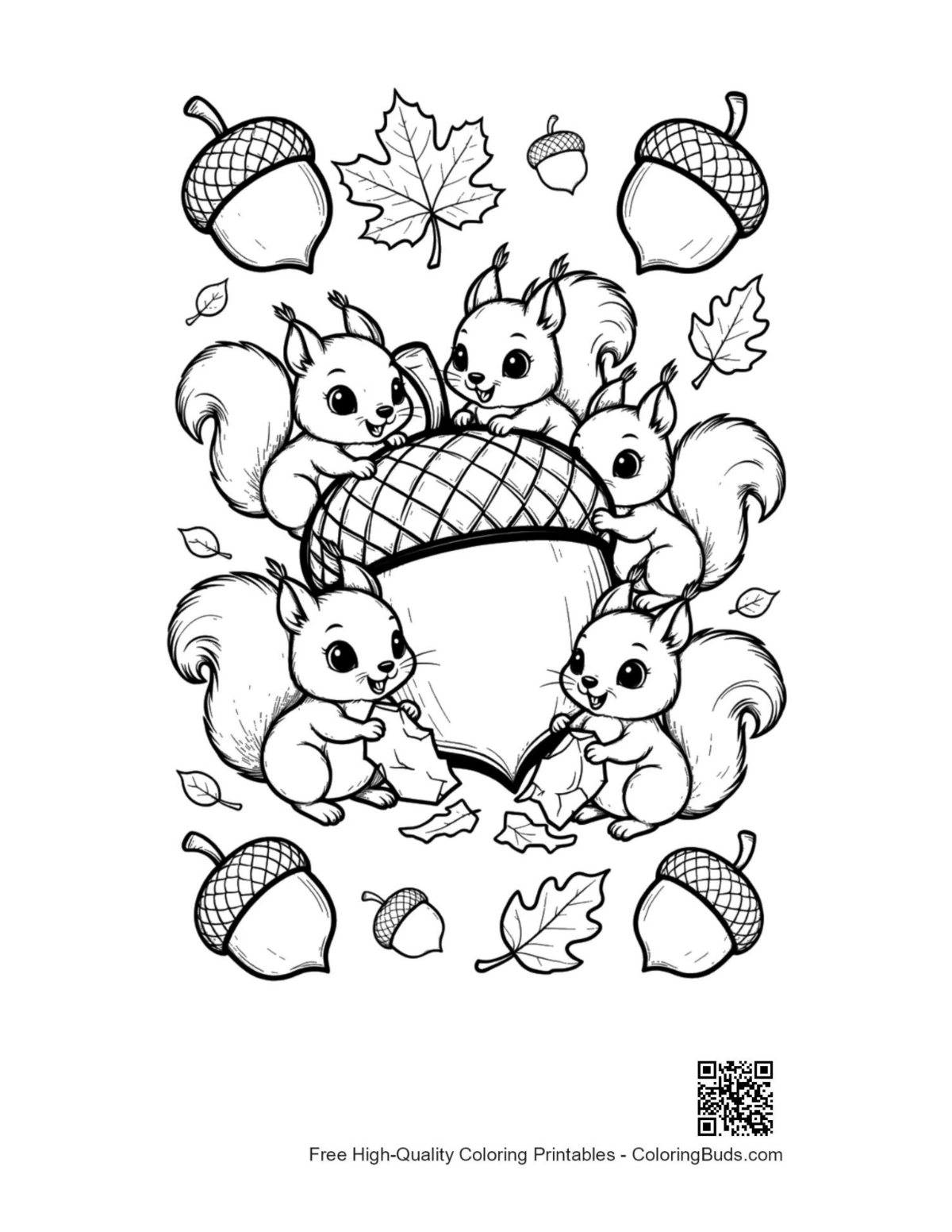 Cute leaves and acorns printable coloring page