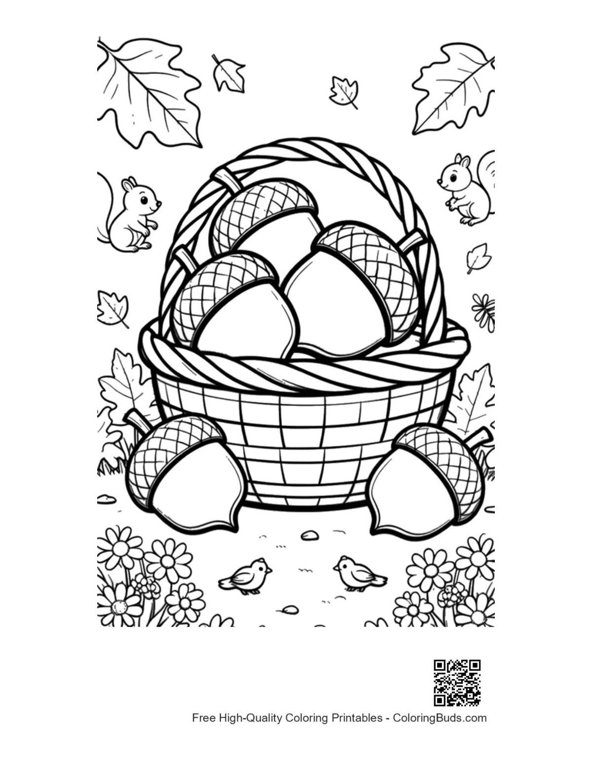 Cute leaves acorns printable coloring page