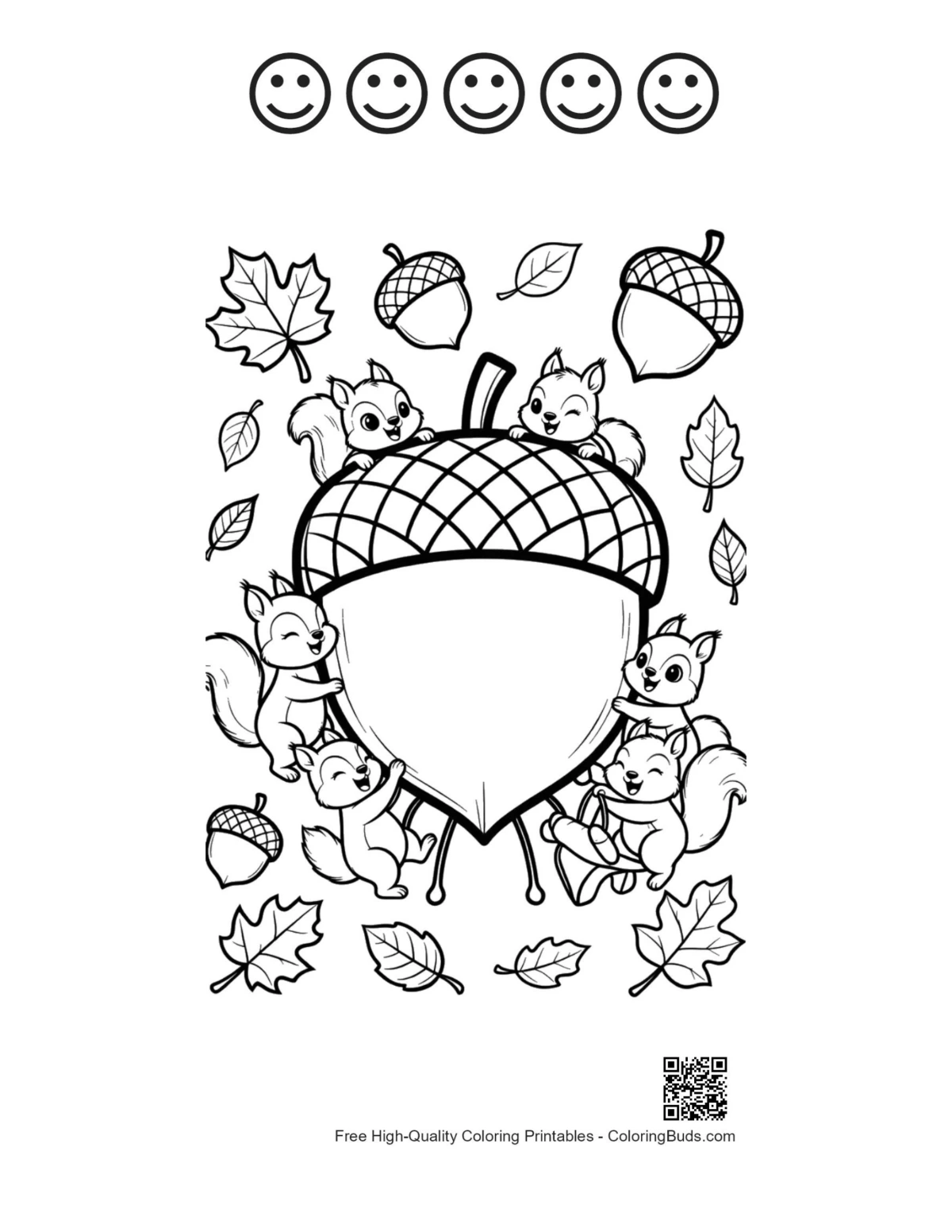 Cute leaves acorns with 5 happy faces outline
