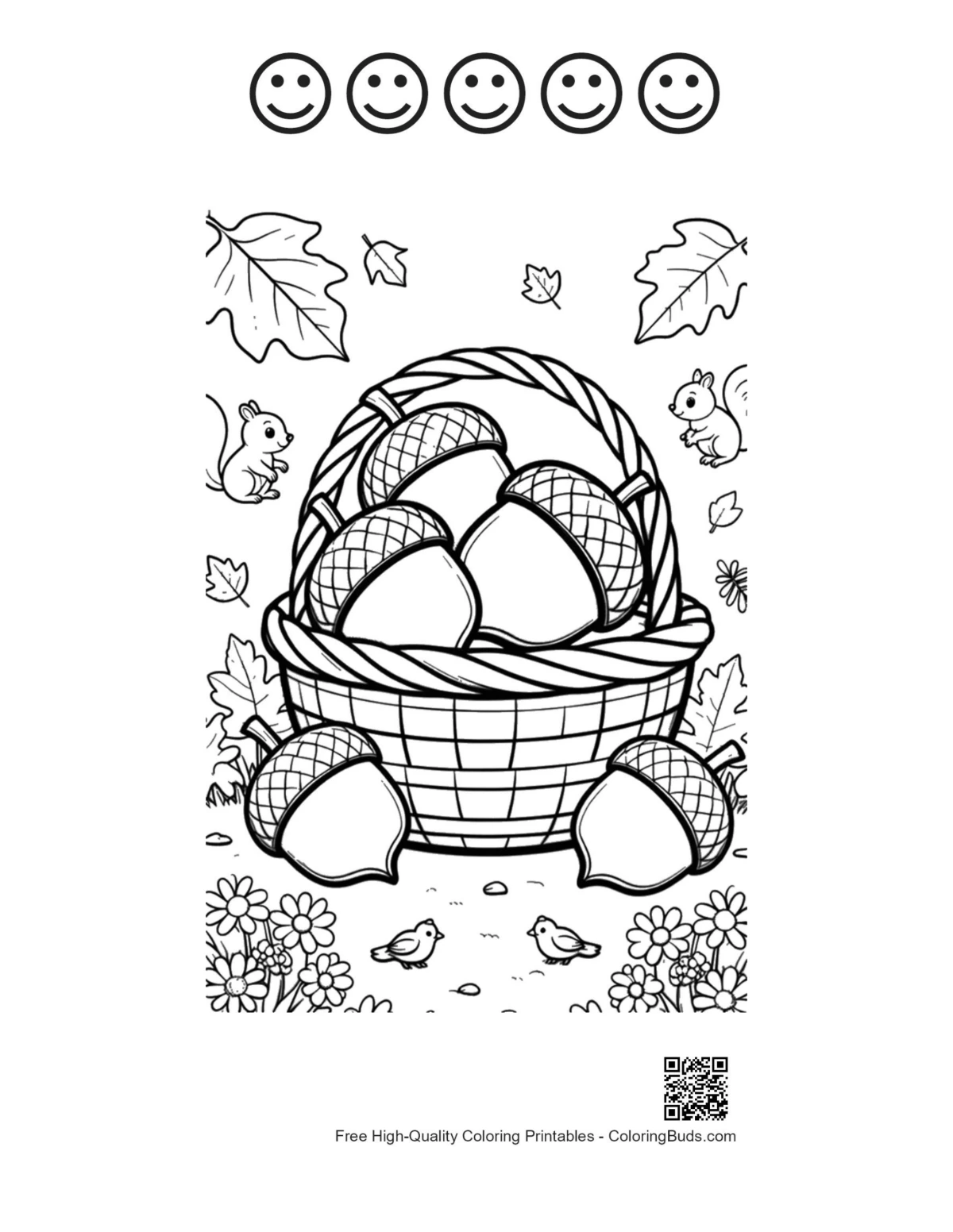 Cute leaves acorns with happy faces outline