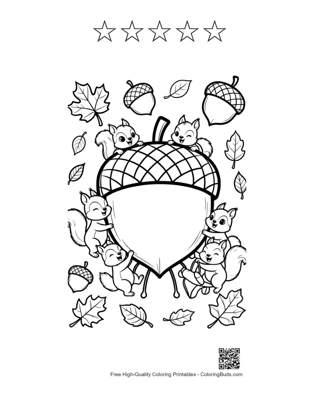 Cute leaves acorns with 5 star outline printable