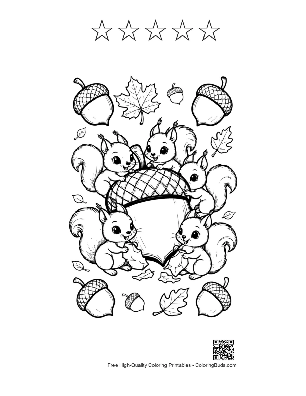 Cute leaves acorns with 5 star outline printable