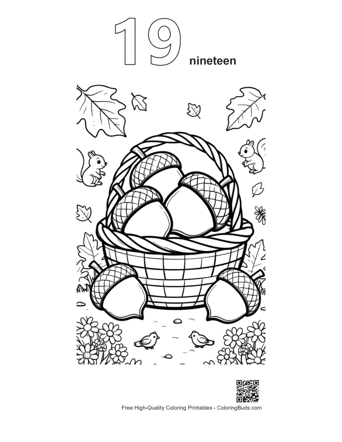 Cute leaves acorns outline number 19 printable