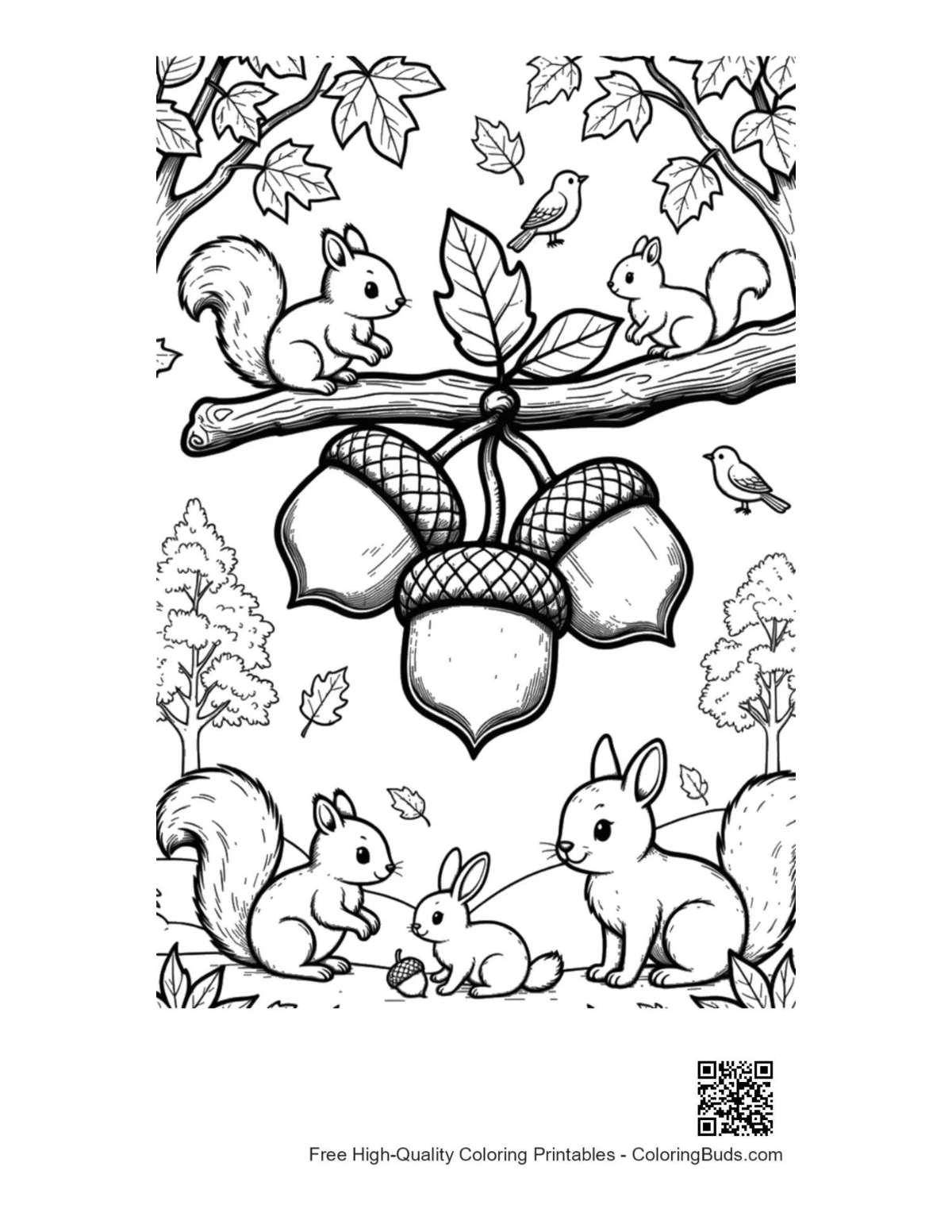 Cute squirrels gathering acorns tree branch printable coloring page