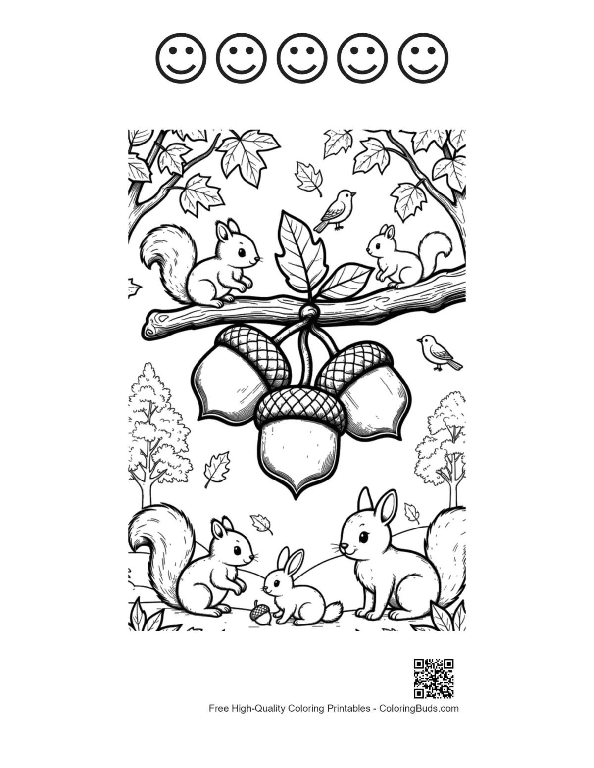 Squirrels gathering acorns 5 happy face outline coloring printable