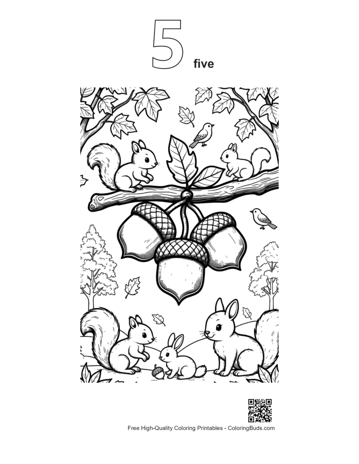 Squirrels acorns tree branch coloring outline number 5 printable