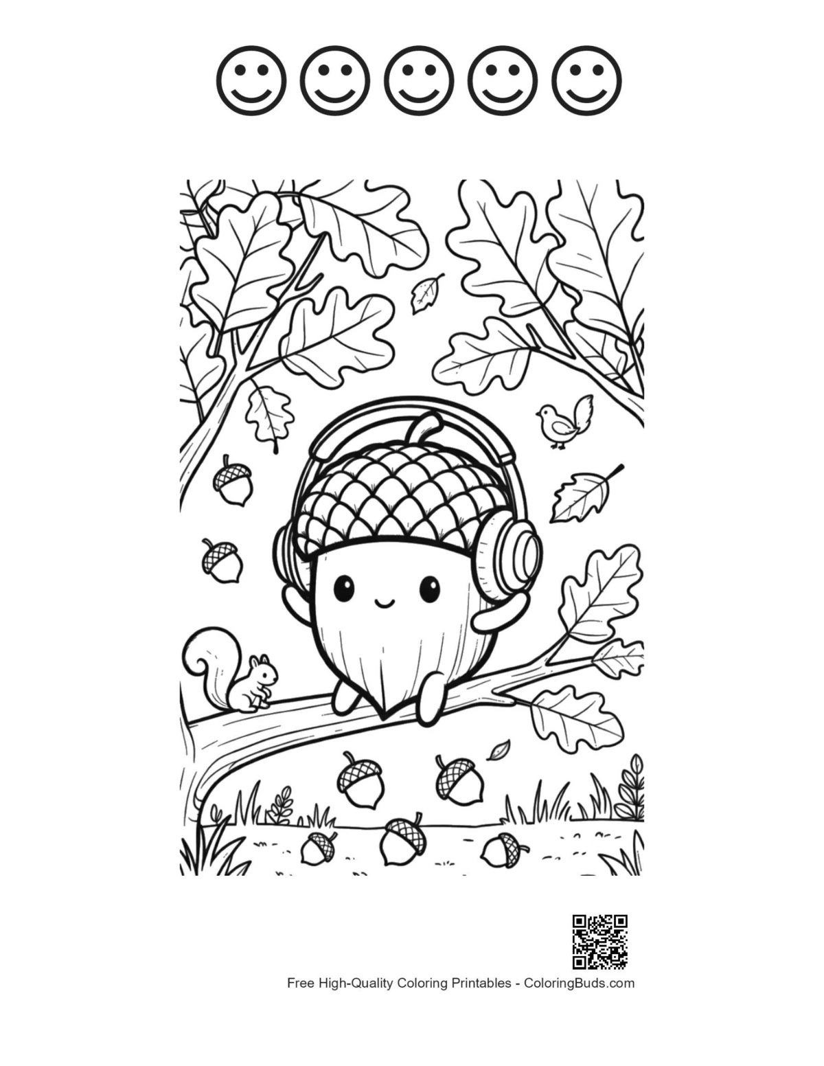 Leaves acorns coloring with 5 happy faces printable