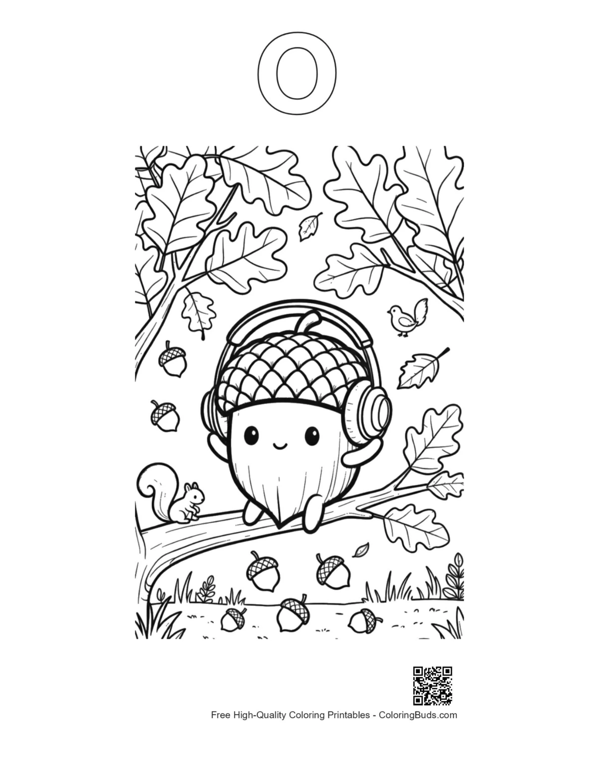 Leaves acorns coloring outline with alphabet O printable