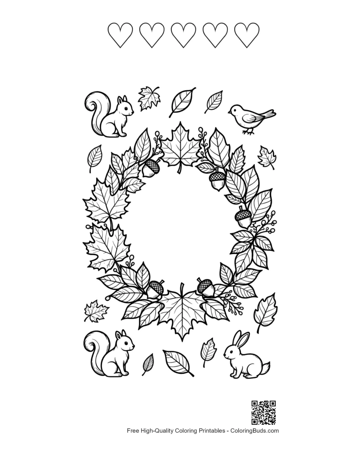 Free leaves acorns with 5 hearts printable