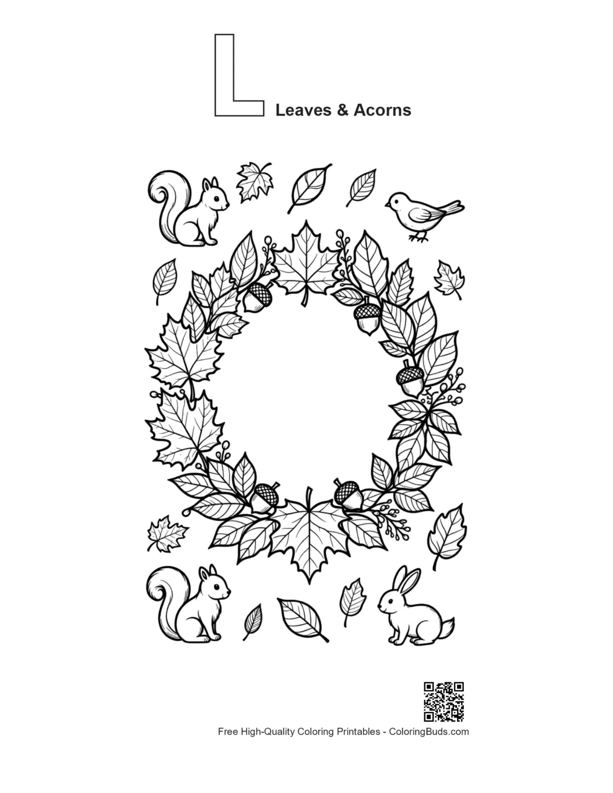 Leaves acorns coloring page alphabet L outline