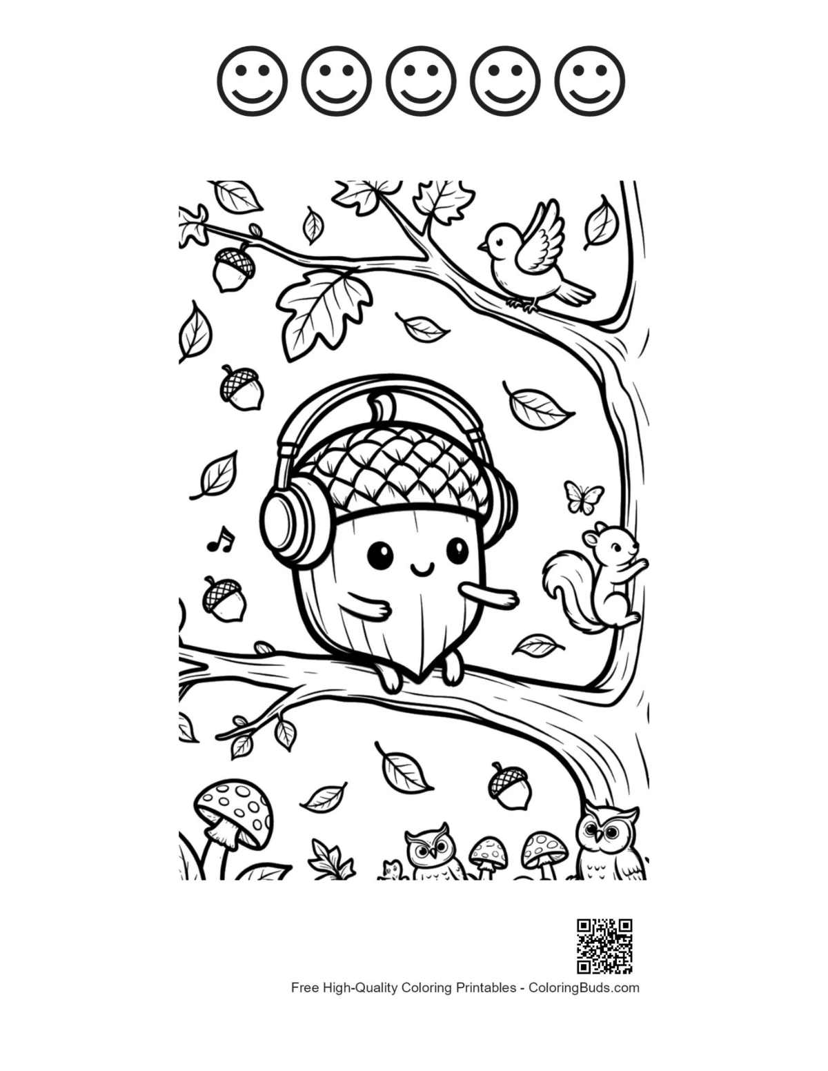 Leaves acorns 5 happy face outline kids printable